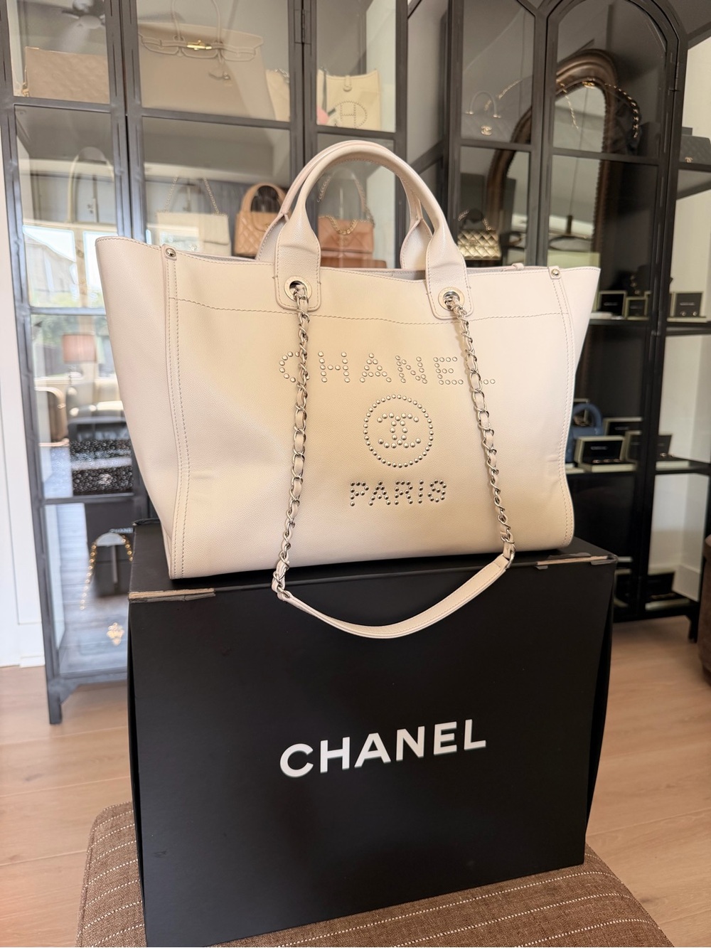 CHANEL Cream Studded Leather Tote with Chain Strap